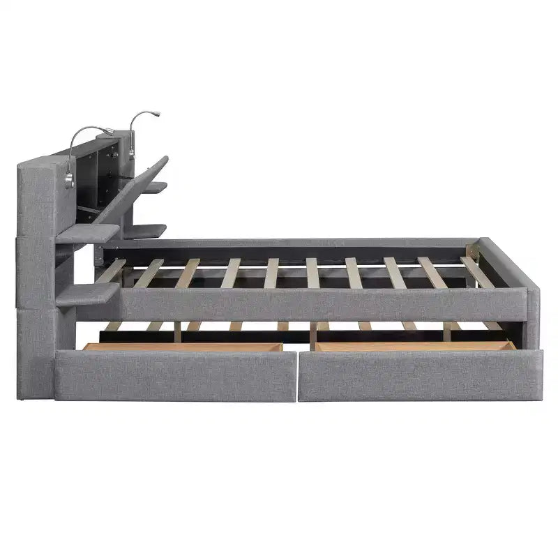 Whisen Upholstered Queen Platform Bed with Storage Drawers, Shelves, Trundle & Reading Lights