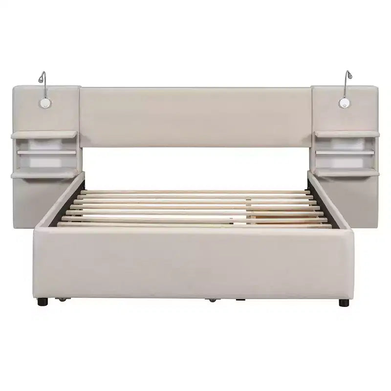 Whisen Upholstered Queen Platform Bed with Storage Drawers, Shelves, Trundle & Reading Lights