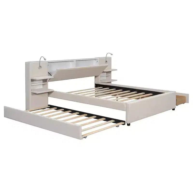 Whisen Upholstered Queen Platform Bed with Storage Drawers, Shelves, Trundle & Reading Lights