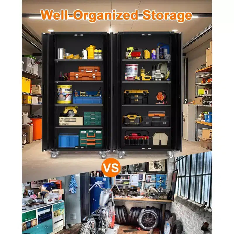 Metal Storage Cabinet with Wheels, Lockable Tool Cabinet with 4 Adjustable Shelves for Garage and Pantry