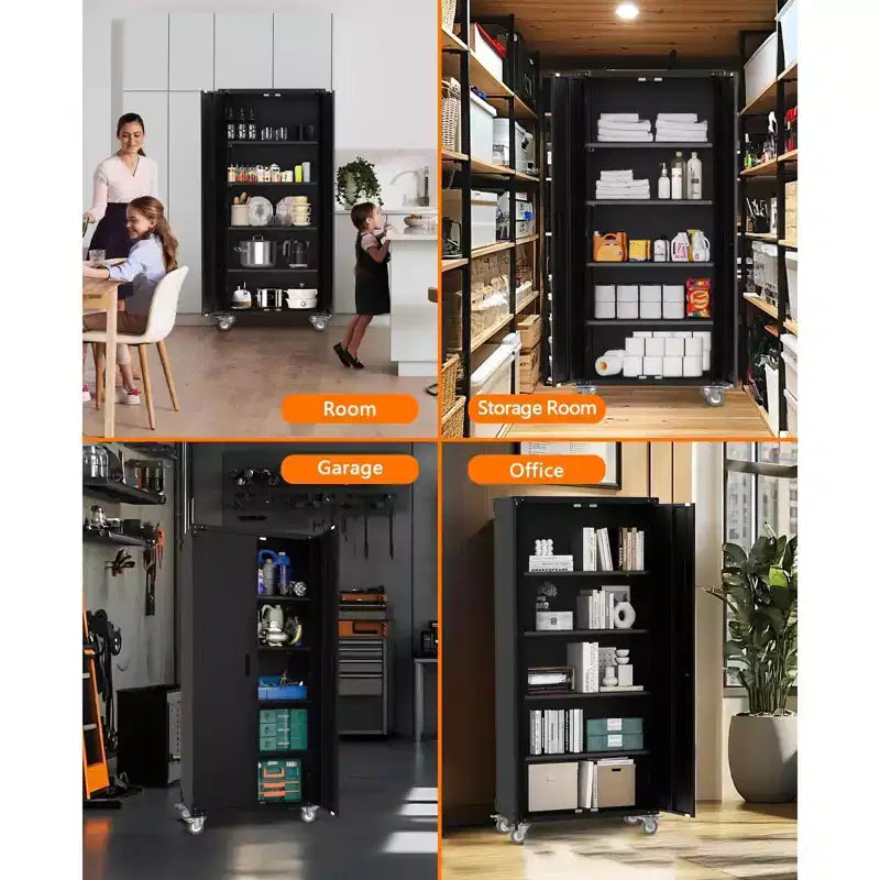 Metal Storage Cabinet with Wheels, Lockable Tool Cabinet with 4 Adjustable Shelves for Garage and Pantry
