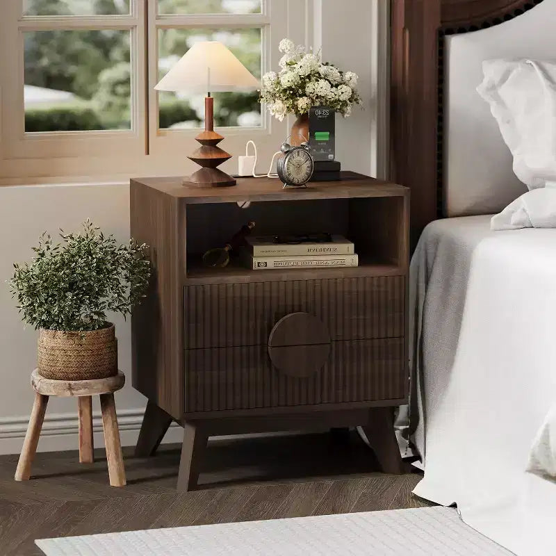 COZONY Modern Fluted Nightstand with Charging Station, Wood Bedside Table with Drawers & Storage Shelf for Living Room Bedroom