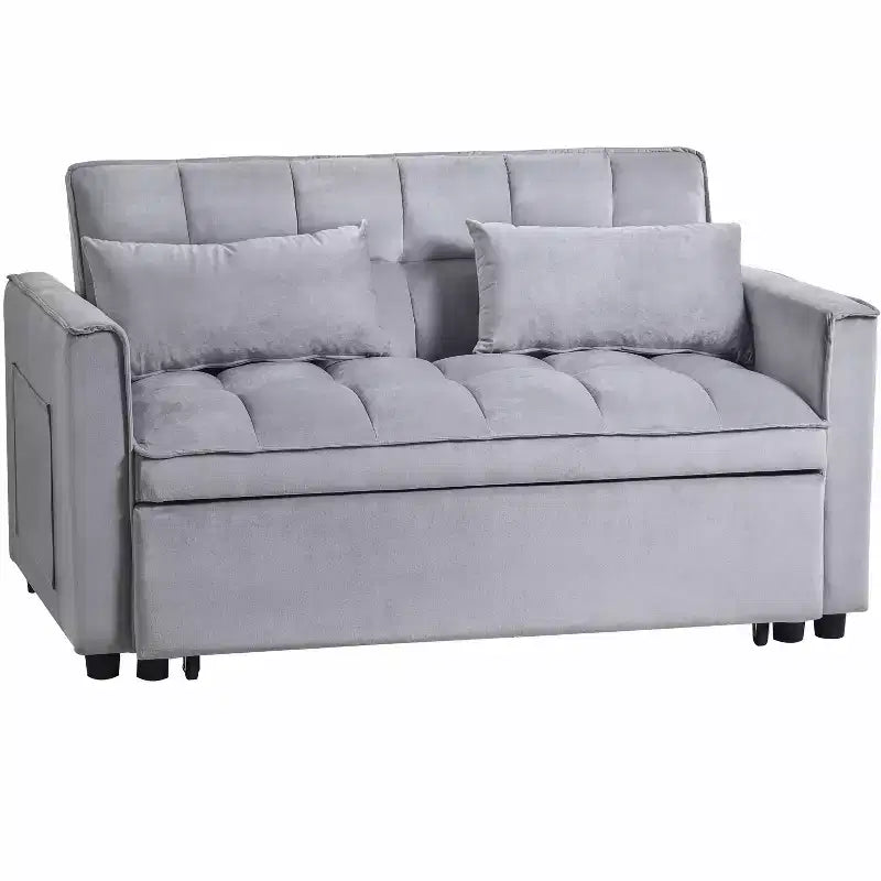 MAYEERTY Convertible Modern Pull Out Couch Sleeper Loveseat Velvet Bed Adjustable Backrest with Pillows Pockets for Living Room Gray