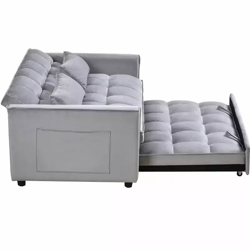MAYEERTY Convertible Modern Pull Out Couch Sleeper Loveseat Velvet Bed Adjustable Backrest with Pillows Pockets for Living Room Gray
