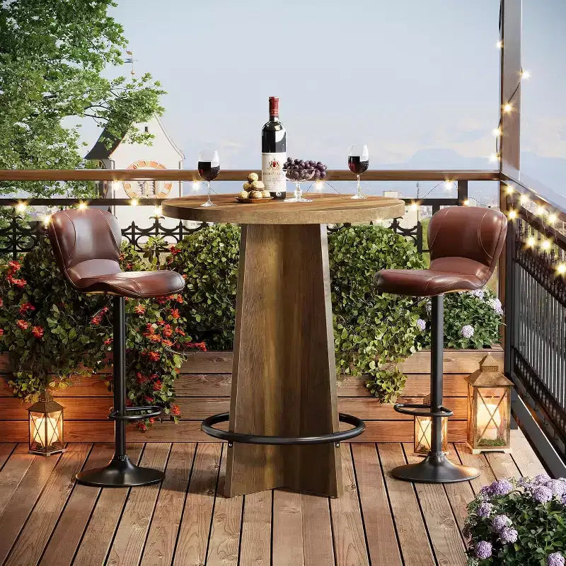 Lantine Round Bar Table, 37.4'' Wooden Bistro Pub Table with Base and Metal Ring Footrest for Cafe, Home, Small Space, Only Table