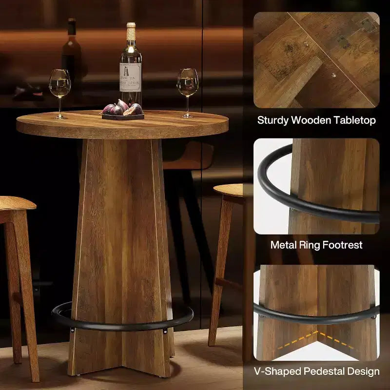 Lantine Round Bar Table, 37.4'' Wooden Bistro Pub Table with Base and Metal Ring Footrest for Cafe, Home, Small Space, Only Table