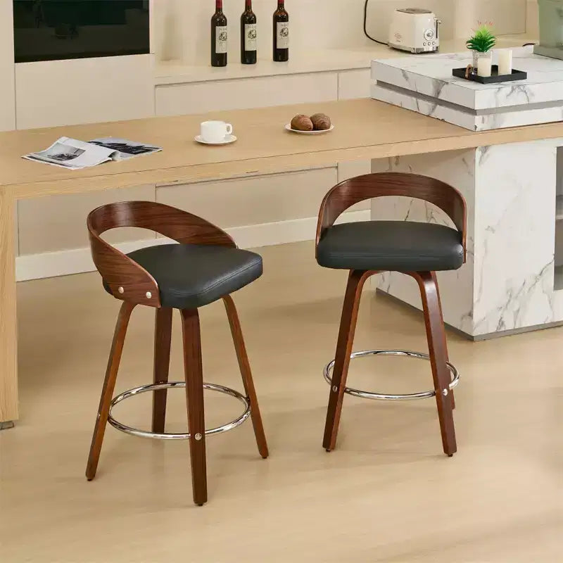 Counter Height Bar Stools Set of 2, Wood Legs Bar Chairs with Low Back, 360-Degree Swivel with Soft Cushion Seat