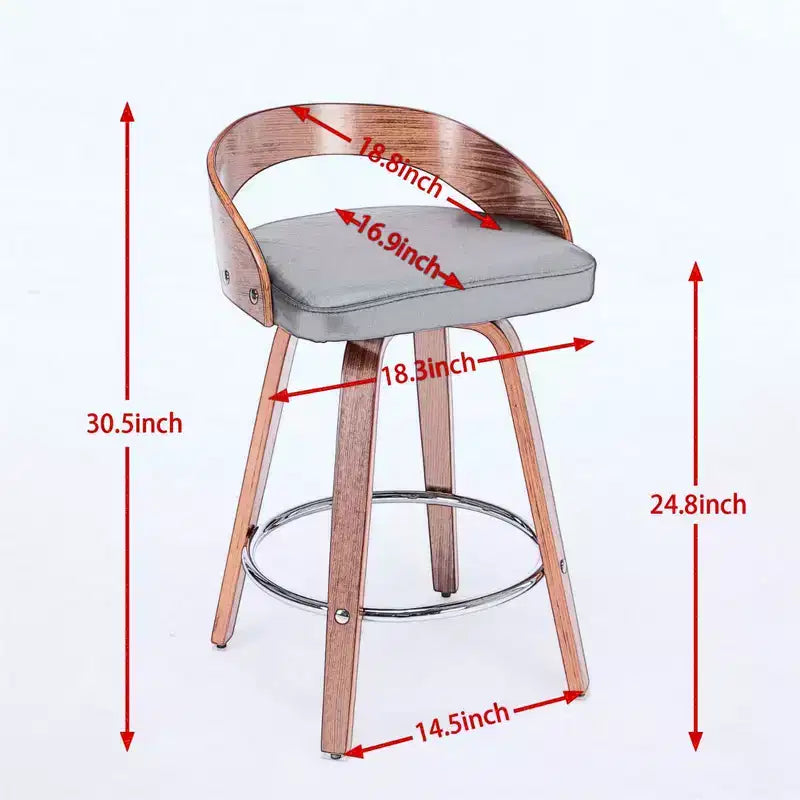 Counter Height Bar Stools Set of 2, Wood Legs Bar Chairs with Low Back, 360-Degree Swivel with Soft Cushion Seat