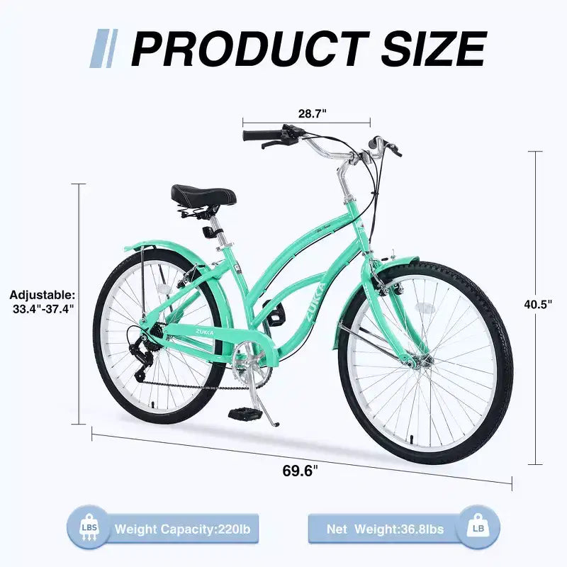 Bicicleta playera Whisen 26 para mujer, con cuadro de acero de diseño bajo y 7 velocidades.
