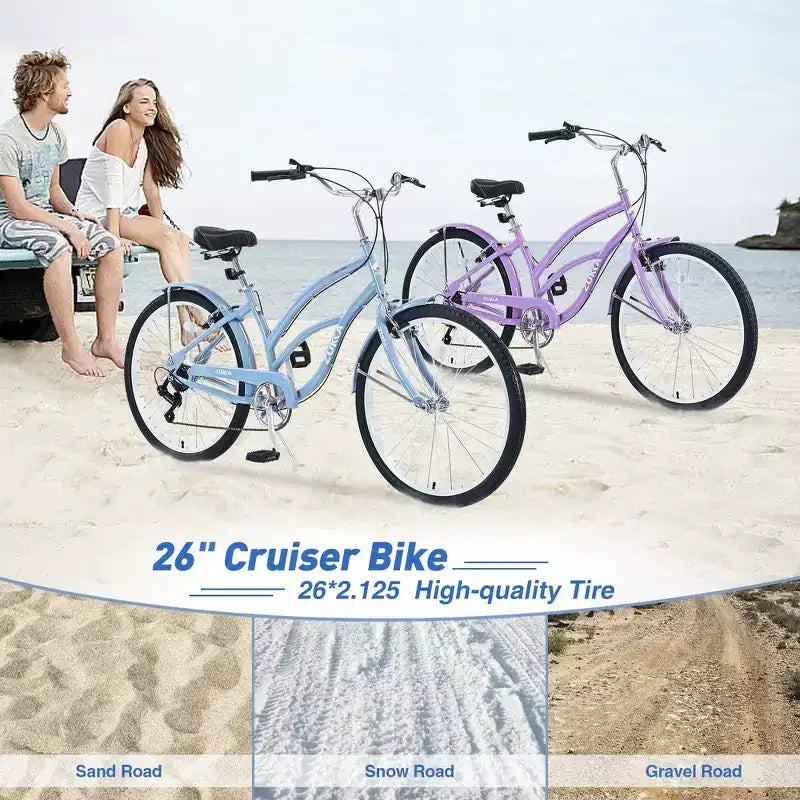 Bicicleta playera Whisen 26 para mujer, con cuadro de acero de diseño bajo y 7 velocidades.