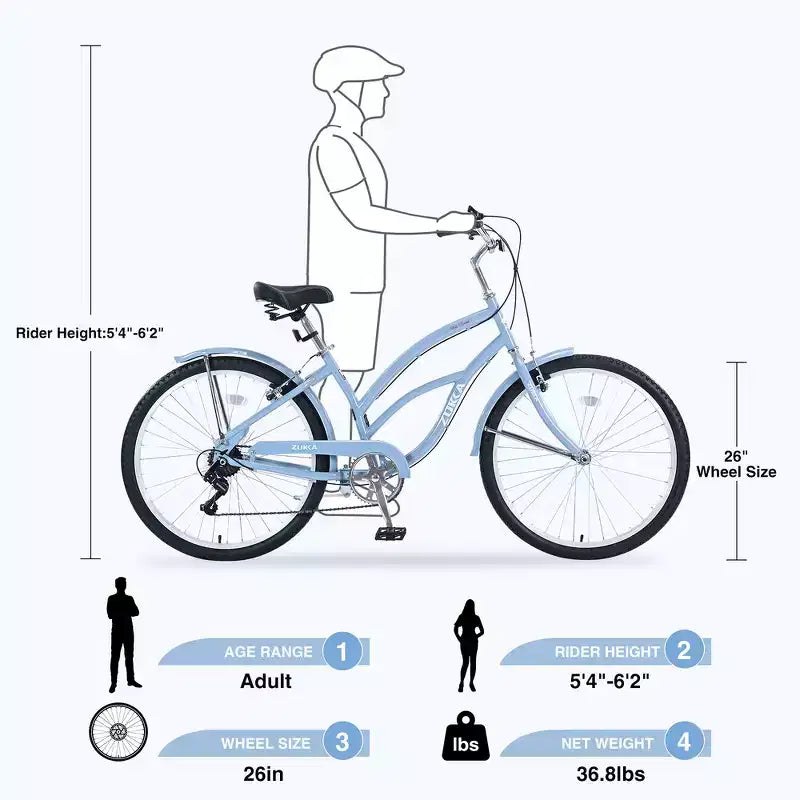 Bicicleta playera Whisen 26 para mujer, con cuadro de acero de diseño bajo y 7 velocidades.