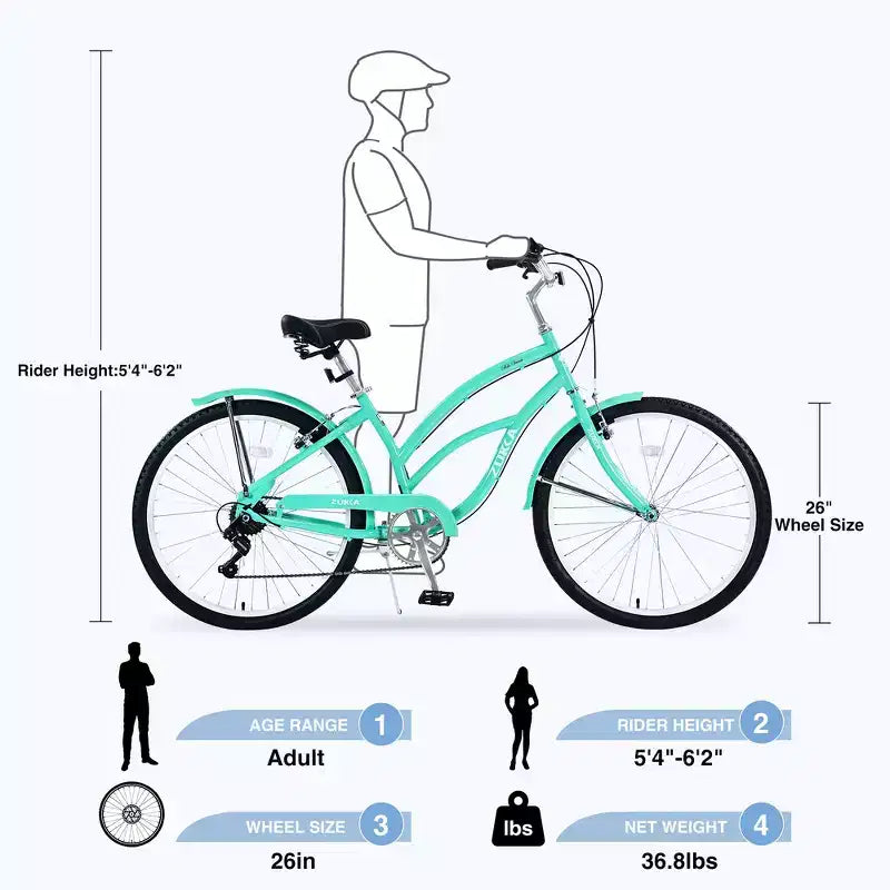 Bicicleta playera Whisen 26 para mujer, con cuadro de acero de diseño bajo y 7 velocidades.