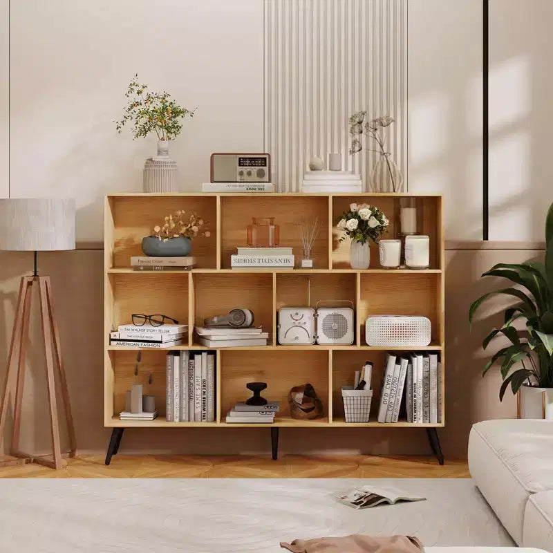 GustoWave 10-Cube Storage Bookcase with Iron Legs, 3-Tier Wood Organizer Shelf for Living Room, Office - 55 Wide Display Cabinet