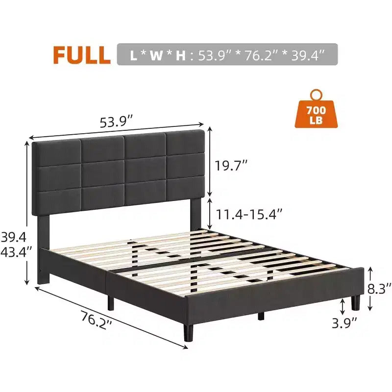 Full Size Platform Bed Frame with Adjustable Headboard, Under-Bed Storage, No Spring Mattress Required, Easy to Assemble, Heavy-Duty Support, Gray