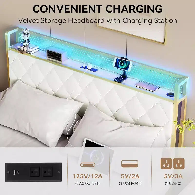 King Size Platform Bed Frame with Storage Headboard, USB Charging Station, LED Lighting, Underbed Storage, Easy Assembly, Heavy-Duty Support, White
