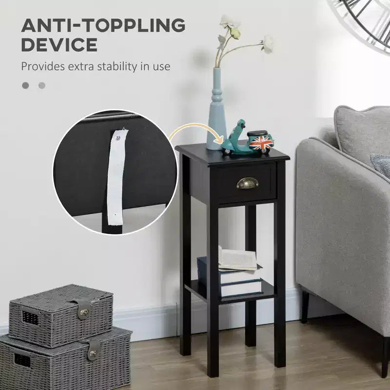 Okak Vintage 2-Tier Side Table with Drawer and Metal Handle, Narrow End Table with Bottom Shelf, Accent Table for Sofa Side, Living Room