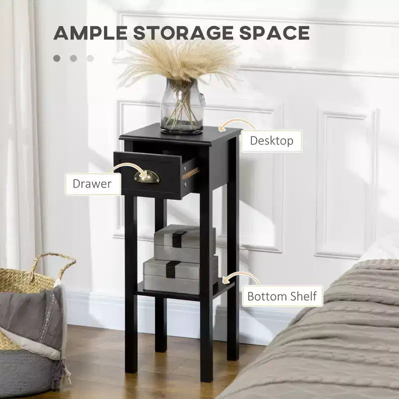 Okak Vintage 2-Tier Side Table with Drawer and Metal Handle, Narrow End Table with Bottom Shelf, Accent Table for Sofa Side, Living Room