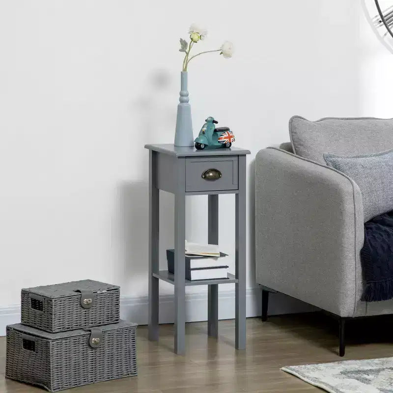 Okak Vintage 2-Tier Side Table with Drawer and Metal Handle, Narrow End Table with Bottom Shelf, Accent Table for Sofa Side, Living Room