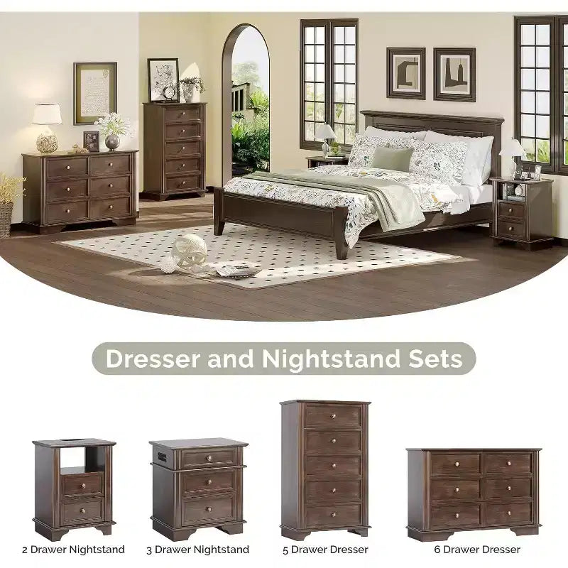 VINGLI Tall Dresser 5 Drawer Chest of Drawers, Wood Brown Dresser for Bedroom