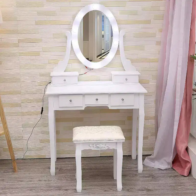 Vanity Desk with Mirror and Lights, Wood Makeup Dressing Table with Oval Mirror & Stool,3 Colors Lighting Modes,(White)