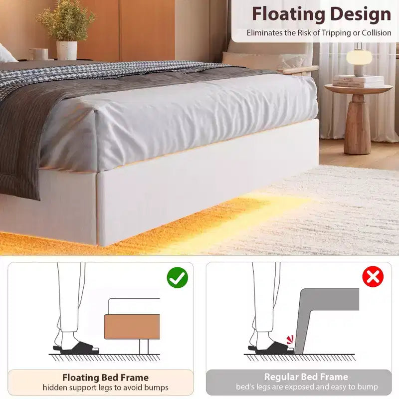 Bed Frame, Floating Platform Bed with Headboard, Wood Slats, Upholstered Bed Frame, No Box Spring Needed, Easy Assembly