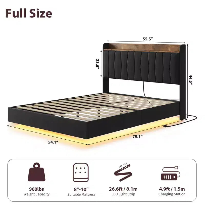 Bed Frame, Floating Platform Bed with Headboard, Wood Slats, Upholstered Bed Frame, No Box Spring Needed, Easy Assembly