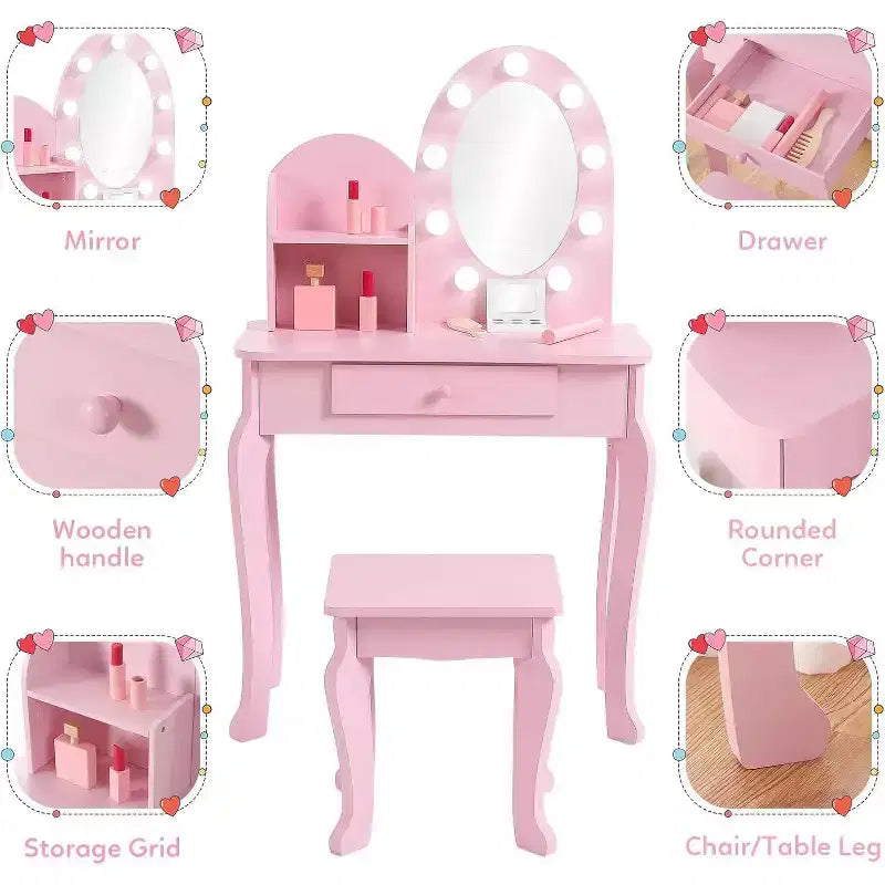 Vanity Set with Touch Lighted Mirror and Stool, Pretend Play Girls Vanity Desk and Chair Set