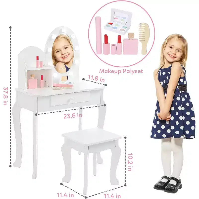 Vanity Set with Touch Lighted Mirror and Stool, Pretend Play Girls Vanity Desk and Chair Set