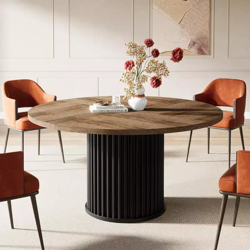 Lantine 47.24-Inch Round Dining Table for 4-6 People, Modern Fluted MDF + Metal Base Kitchen Table, Sturdy Circle Dining Room Furniture, Black