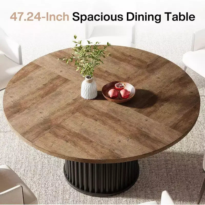 Lantine 47.24-Inch Round Dining Table for 4-6 People, Modern Fluted MDF + Metal Base Kitchen Table, Sturdy Circle Dining Room Furniture, Black