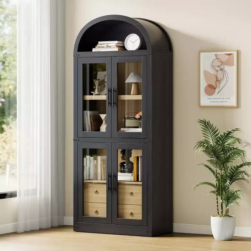 71 Tall Bookshelf, 4 Tier Book Shelf with 2 Storage Drawers, with Doors, 15.83In Depth Wood Bookshelf for Home Office, Living Room, Bed Room