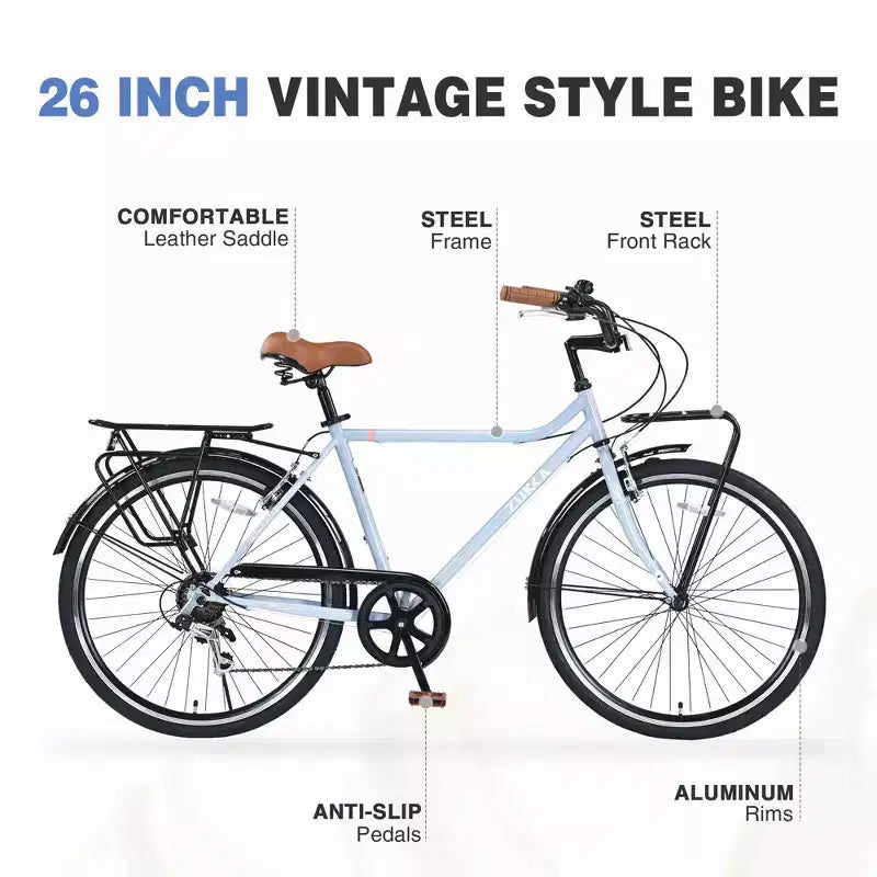 Bicicletas cruiser vintage Okak de 26 pulgadas con pata de cabra metálica, bicicleta de cercanías para adultos con cuadro metálico y cubrecadenas, bicicleta para ir al trabajo, para viajar