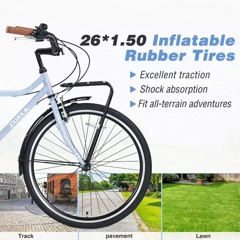 Bicicletas cruiser vintage Okak de 26 pulgadas con pata de cabra metálica, bicicleta de cercanías para adultos con cuadro metálico y cubrecadenas, bicicleta para ir al trabajo, para viajar