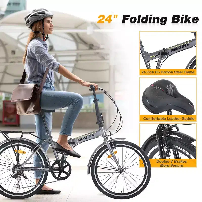 Bicicleta Plegable Okak de 24 pulgadas con 7 velocidades y cuadro de acero, bicicletas cruiser con parrilla trasera y guardabarros, bicicleta para adultos para viajes y desplazamientos