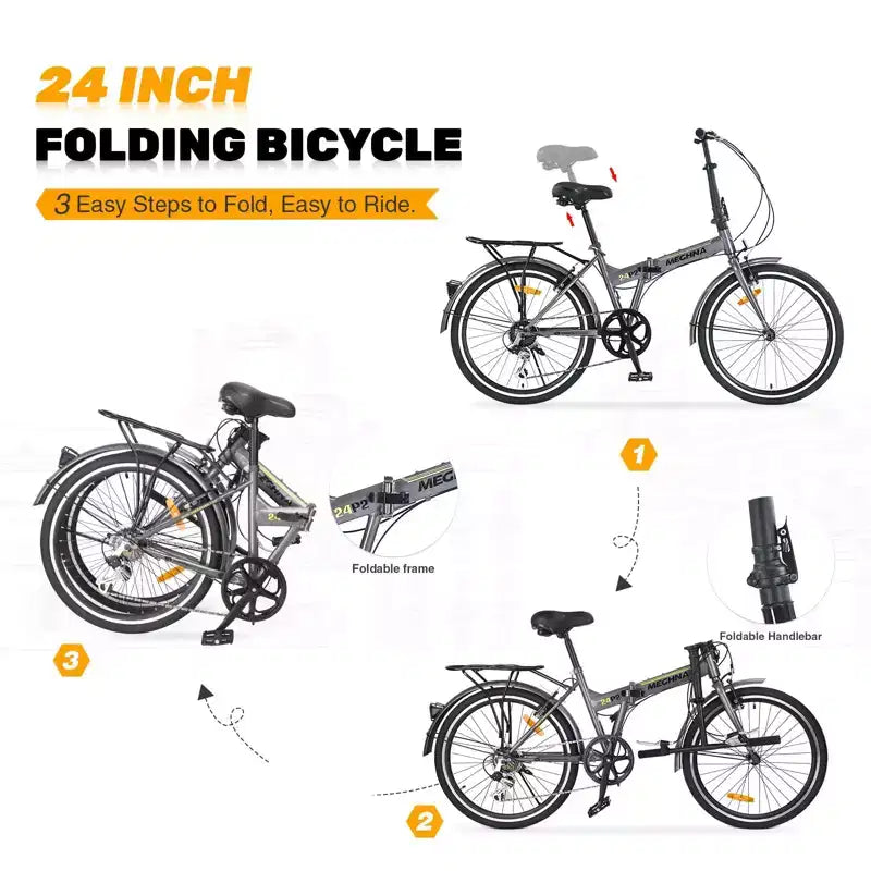 Bicicleta Plegable Okak de 24 pulgadas con 7 velocidades y cuadro de acero, bicicletas cruiser con parrilla trasera y guardabarros, bicicleta para adultos para viajes y desplazamientos
