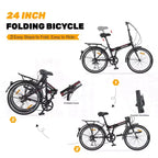 Bicicleta Plegable Okak de 24 pulgadas con 7 velocidades y cuadro de acero, bicicletas cruiser con parrilla trasera y guardabarros, bicicleta para adultos para viajes y desplazamientos
