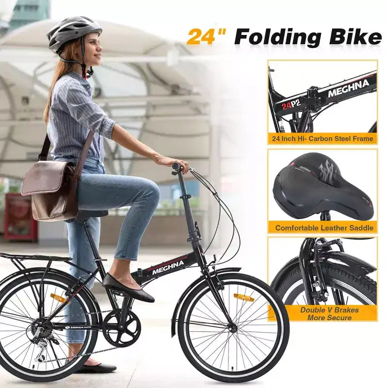 Bicicleta Plegable Okak de 24 pulgadas con 7 velocidades y cuadro de acero, bicicletas cruiser con parrilla trasera y guardabarros, bicicleta para adultos para viajes y desplazamientos