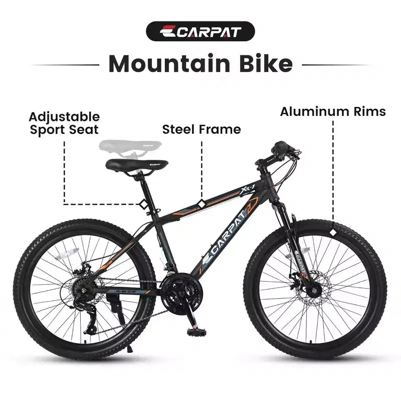 Bicicleta de montaña Okak de 24 pulgadas con cuadro de acero, bicicleta para niños con Shimano de 21 velocidades, frenos de disco dobles y suspensión delantera, bicicleta para adolescentes