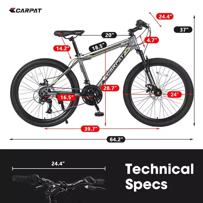 Bicicleta de montaña Okak de 24 pulgadas con cuadro de acero, bicicleta para niños con Shimano de 21 velocidades, frenos de disco dobles y suspensión delantera, bicicleta para adolescentes