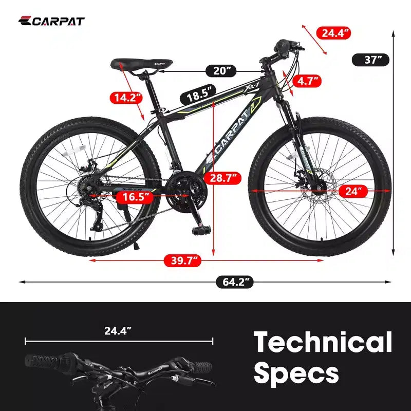 Bicicleta de montaña Okak de 24 pulgadas con cuadro de acero, bicicleta para niños con Shimano de 21 velocidades, frenos de disco dobles y suspensión delantera, bicicleta para adolescentes
