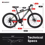 Bicicleta de montaña Okak de 24 pulgadas con cuadro de acero, bicicleta para niños con Shimano de 21 velocidades, frenos de disco dobles y suspensión delantera, bicicleta para adolescentes