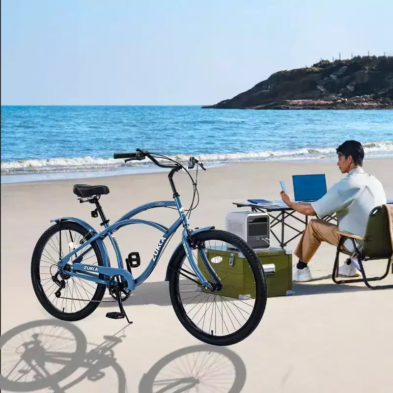 Bicicleta de paseo Okak de 26 pulgadas con sistema de 7 velocidades, bicicleta para hombre con frenos V delanteros y traseros, bicicleta con cuadro de metal para adolescentes y adultos