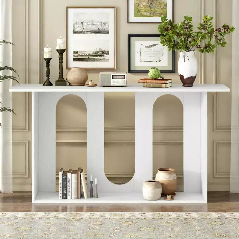 Wood Curved Console Table with Shelf, Modern Entryway Table with Ash Veneer Designed for Entryway and Hallway