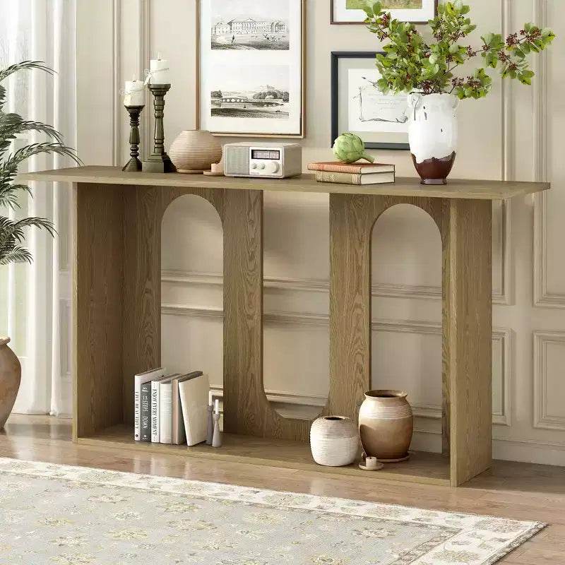 Wood Curved Console Table with Shelf, Modern Entryway Table with Ash Veneer Designed for Entryway and Hallway