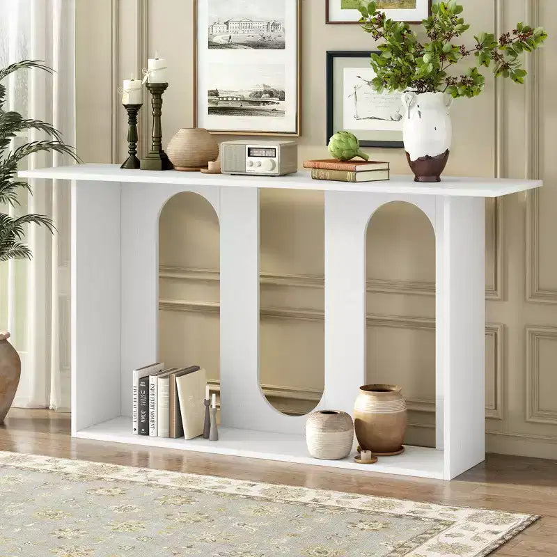 Wood Curved Console Table with Shelf, Modern Entryway Table with Ash Veneer Designed for Entryway and Hallway