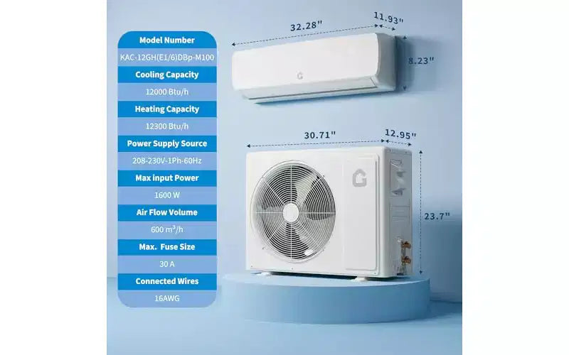 Climatiseur et pompe à chaleur sans conduit mini split Garvee 12000 BTU, 3-en-1 tout-en-un, refroidissement, chauffage et déshumidificateur, kit de ligne pré-chargé de 3 m