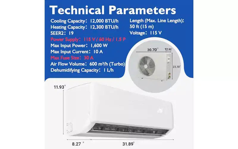 Garvee 12000 BTU Mini Split AC avec WiFi compatible Alexa 19 SEER2 Refroidit jusqu'à 70 m², avec pompe à chaleur 1 tonne pré-chargée et kit d'installation, ultra-silencieux