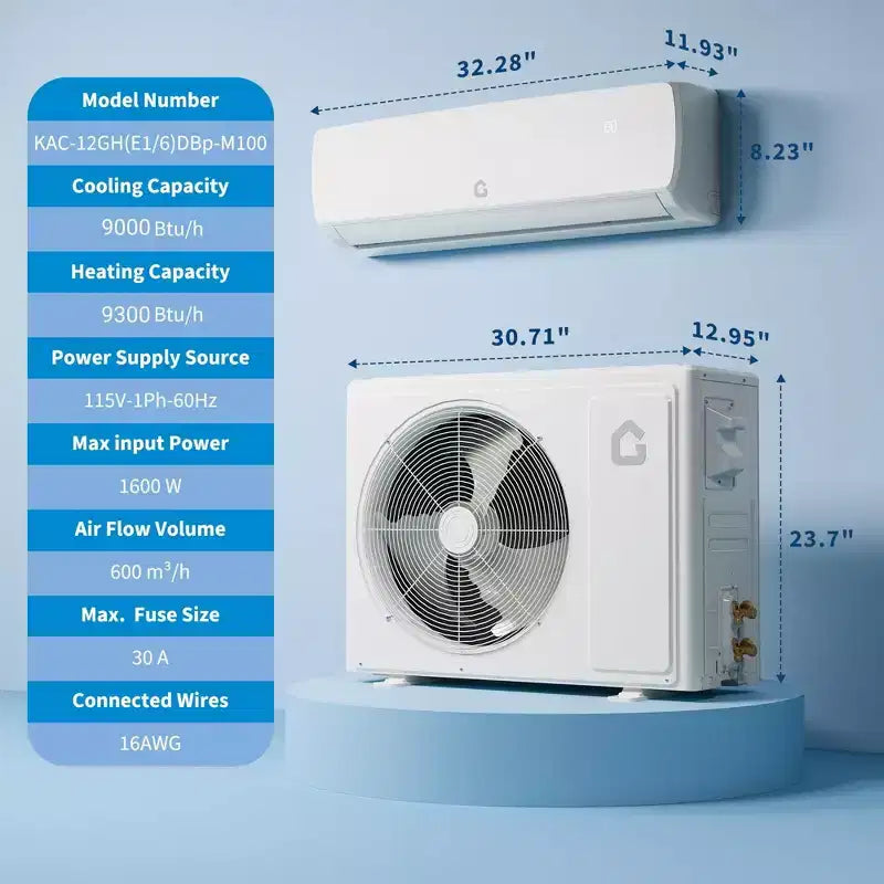 Climatiseur bibloc silencieux Garvee | 9000 BTU 3-en-1 Refroidissement/Chauffage/Déshumidificateur | Pompe à chaleur Inverter 115V | Conduites pré-chargées 3m, Blanc
