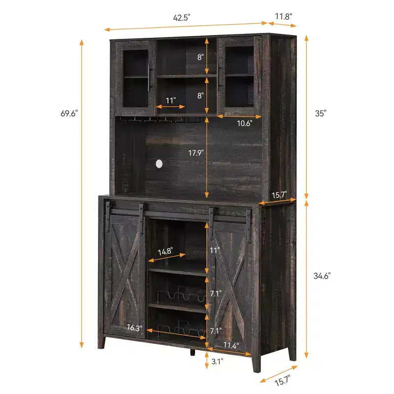 70'' Tall Wine and Coffee Bar Cabinet with Storage Hutch, Sliding Barn Doors, Bottle and Glass Rack for Kitchen Pantry or Home Dining Room Use