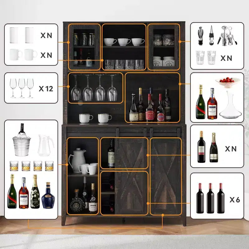 70'' Tall Wine and Coffee Bar Cabinet with Storage Hutch, Sliding Barn Doors, Bottle and Glass Rack for Kitchen Pantry or Home Dining Room Use